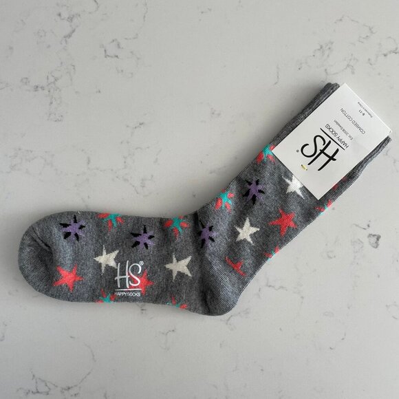 Happy Socks Est 2008 Sweden Star Print Crew Socks Charcoal Pink Wht 5.5-9.5 W - Picture 6 of 6